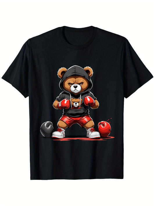 Black t-shirt with boxing gloves bear graphic, front view